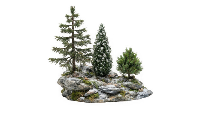 Miniature winter forest scene with three small pine trees on a rocky snowy base isolated on transparent background