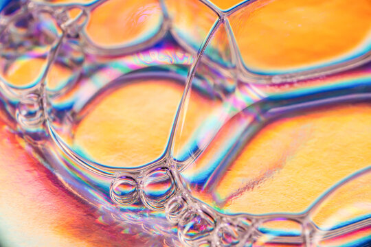 Macro view of iridescent soap bubble structure and color