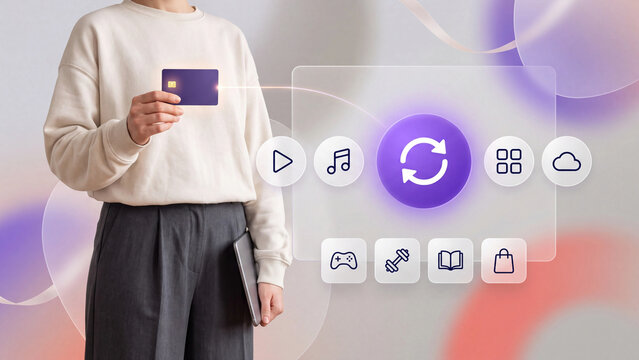 Digital lifestyle and subscription management workflow with credit card payment and online service icons dashboard