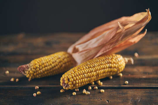 Ripe corn cob with husk on rustic wooden table