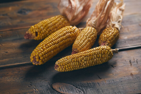 Dried corn cob on rustic wooden table with grain kernels