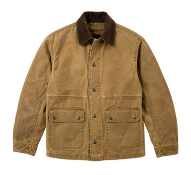 Classic brown waxed cotton field jacket with a corduroy collar and four front pockets, isolated on white