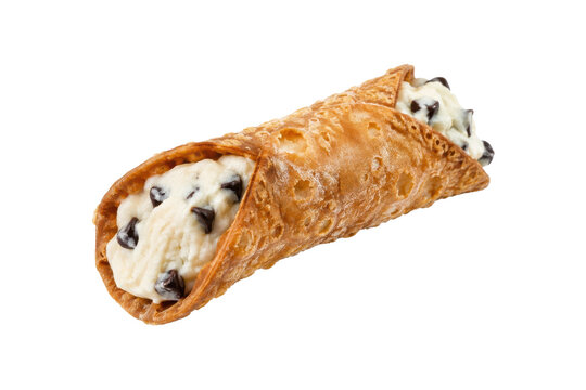 Delicious golden brown cannoli filled with creamy white ricotta cheese and chocolate chips on a clean white background