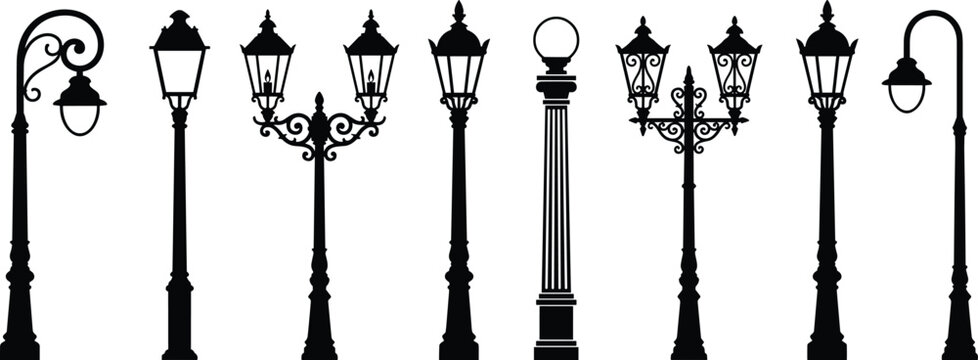 Set of vintage and modern street lamp silhouettes for urban and park lighting design