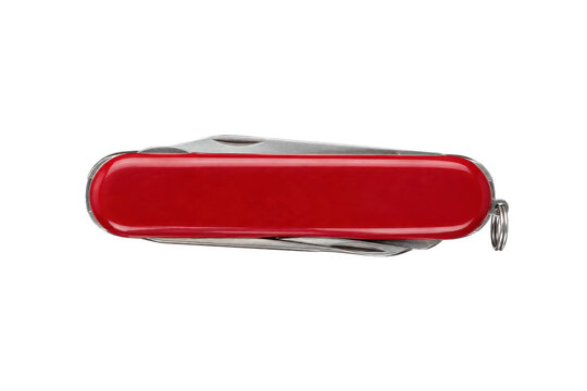 Classic red multi-tool pocket knife with shiny stainless steel implements, captured from a top-down perspective on a clean white background