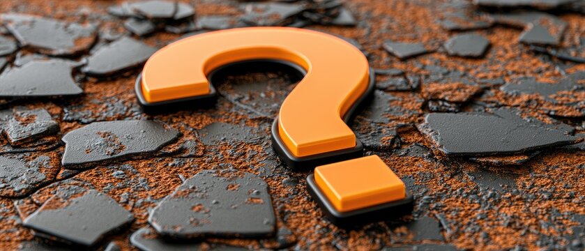 Glowing orange neon question mark symbol on a cracked, dark metal surface with rust and oxidation
