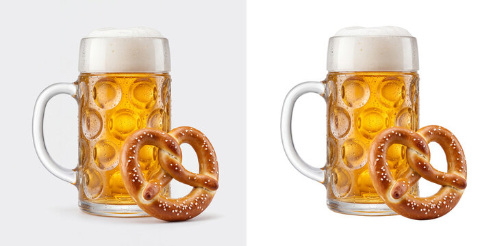 Ice cold frothy golden lager in sweaty beer stein dimple glass mug with Bavarian salted pretzel isolated cutout on transparent