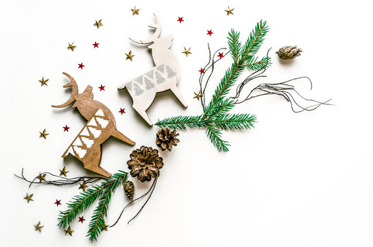 Christmas deer and fir branch greeting card