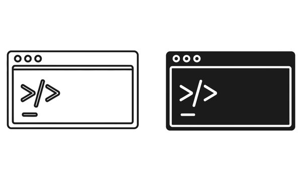 Command line interface icons set in black and white isolated vector illustration