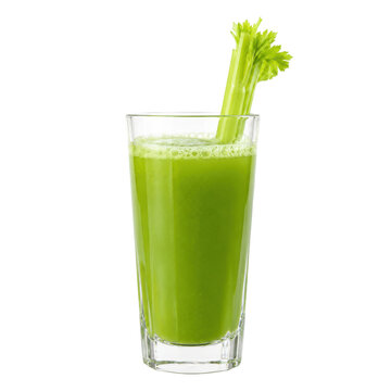 Tall glass of vibrant green celery juice with fresh celery stalks inside, isolated on a clean white background