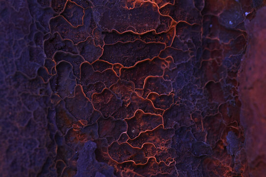 Abstract oxidized surface texture with purple and orange patterns