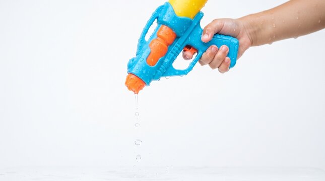 pump-action toy water blaster with a yellow water reservoir tank at the back isolated on white