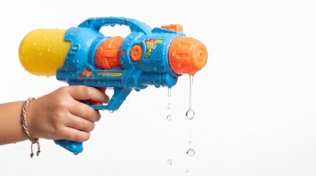 pump-action toy water blaster with a yellow water reservoir tank at the back isolated on white