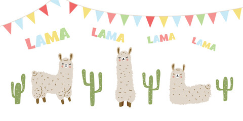 Fototapeta premium Cute fluffy lama or alpaca with green cactuses
