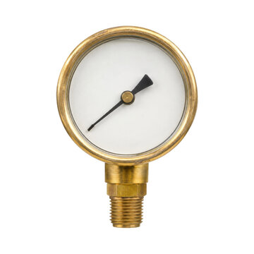 Small brass pressure gauge with a blank white face and a single black needle pointing left, isolated on a white background
