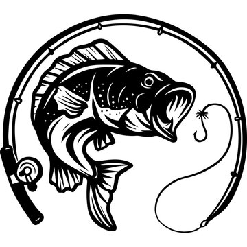 Bass fish jumping with fishing rod and hook vector illustration isolated on white background