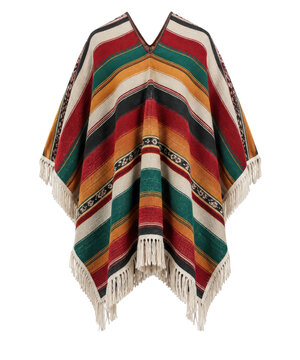 Traditional colorful striped Mexican poncho with white fringe details, made of woven fabric, photographed on a clean white background