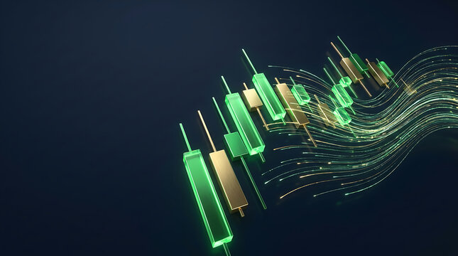 Financial candlestick chart with glowing light streams on dark background
