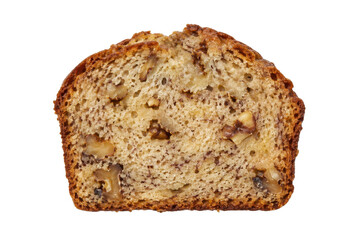 Single slice of delicious banana bread with walnuts, showcasing its moist texture and golden-brown crust on a white background © no one