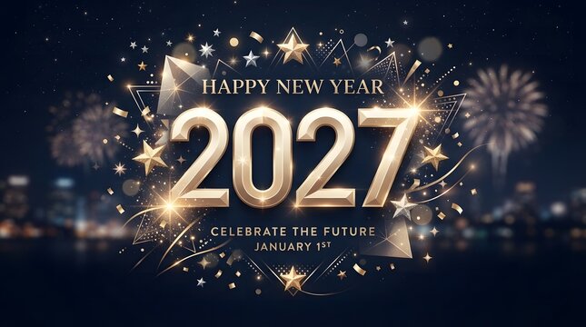 Festive celebration background featuring golden balloons for new years 2027 with bright fireworks and sparkling stars set against a beautiful dark blue