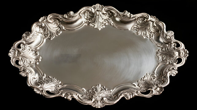ornate, circular silver-plated or sterling silver decorative tray or platter with a scalloped, embossed rim featuring scrollwork and acanthus leaf details