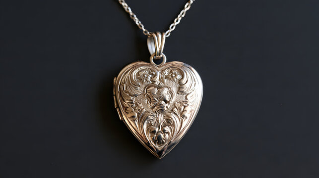 Heart shaped vintage silver locket necklace on a chain isolated