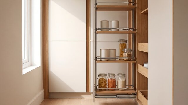 Open pull-out pantry cabinet with wooden shelves holding glass jars of pasta lentils rice and metal canisters in modern minimal kitchen