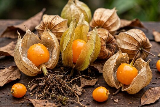 Fresh Sundanese Cecenet Ciplukan, Physalis peruviana golden ground cherry with roots and soil, wild Indonesian fruit`