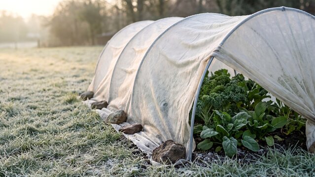 Frost covered vegetable garden with fleece tunnel cloche over kale and spinach plants weighed down by stones in early morning winter field
