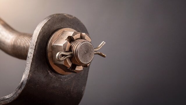 Bronze castle nut and cotter pin secured on threaded rod through heavy iron suspension eye bolt closeup on grey studio background