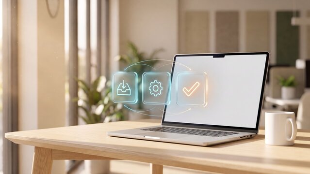 Laptop on wooden desk with floating holographic download gear and checkmark icons in teal and amber showing software install workflow in bright interior