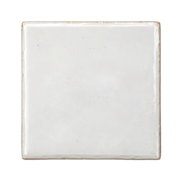 Single square white ceramic tile with a slightly uneven glossy surface and rustic edges, isolated on a clean white background