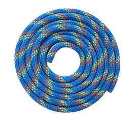 Vibrant blue climbing rope with red and yellow flecks is neatly coiled into a circular shape on a clean white background © no one