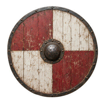 Old weathered round wooden shield with a red and white cross pattern, featuring a central boss and metal rim, isolated on a white background