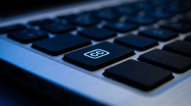 Closeup of a laptop keyboard with a glowing closed caption cc button, representing accessibility and digital media features