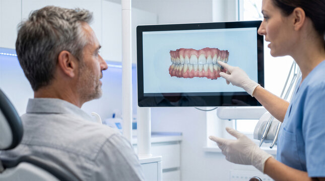 Dentist explaining dental treatment plan to a male patient using a 3d digital scan on a computer screen in a modern clinic