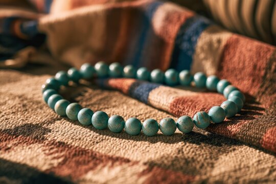 Turquoise beaded bracelet on traditional southwestern native pattern blanket in warm sunset light, indigenous peoples day commercial background concept