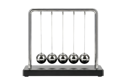 Classic Newton's Cradle with five shiny chrome balls suspended from a sleek metal frame, isolated on a clean white background