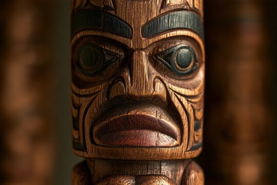 Detailed carving on traditional native american wooden totem pole close up, cultural heritage and indigenous peoples day celebration commercial background concept