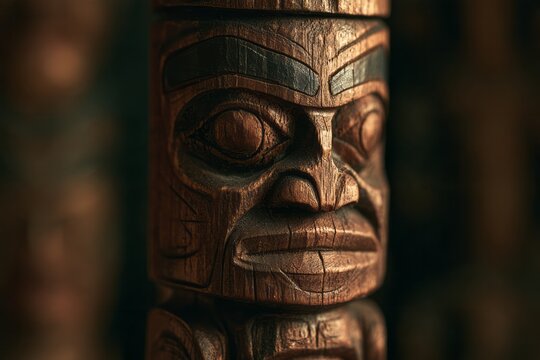 Detailed carving on traditional native american wooden totem pole close up, cultural heritage and indigenous peoples day celebration commercial background concept