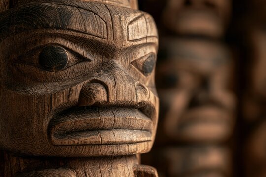 Detailed carving on traditional native american wooden totem pole close up, cultural heritage and indigenous peoples day celebration commercial background concept