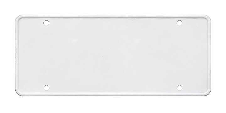 Blank white rectangular license plate with rounded corners and four screw holes, isolated on a clean white background