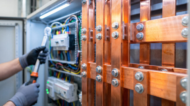 Electrician using a torque wrench to tighten bolts on copper busbars in an industrial electrical control panel