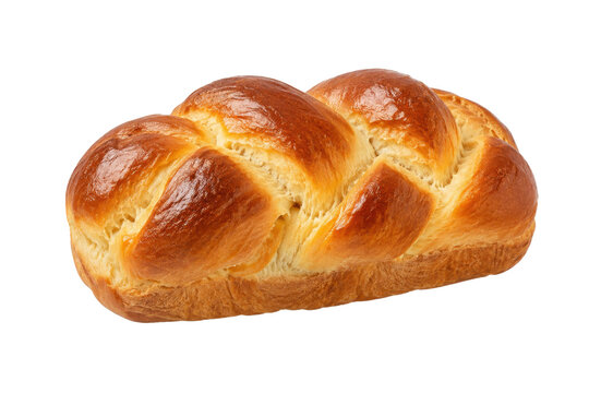 Freshly baked golden brown braided challah bread loaf, glistening with an egg wash, isolated on a clean white background