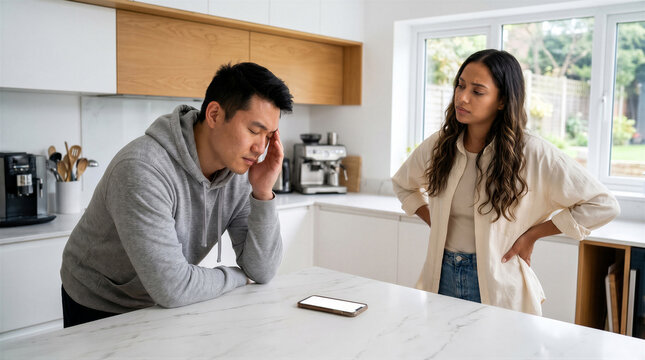 Stressed young couple having a serious relationship conflict in the kitchen at home