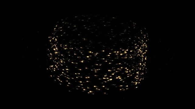 Golden particle sphere swirling on black abstract background