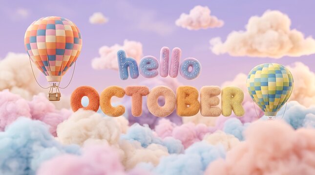 Hello october text in 3D floating letters against a pastel sky with hot air