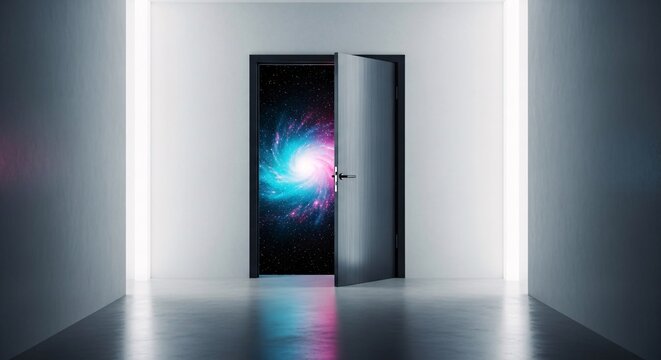 Half-open door revealing a bright colorful swirling galaxy in a stark minimalist white room. Surreal space portal, gateway to the universe, sci-fi dimension, and unknown future possibility concept.