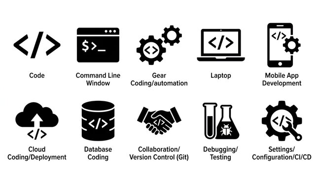 Set of 10 Flat Vector Icons for Software Development and Coding