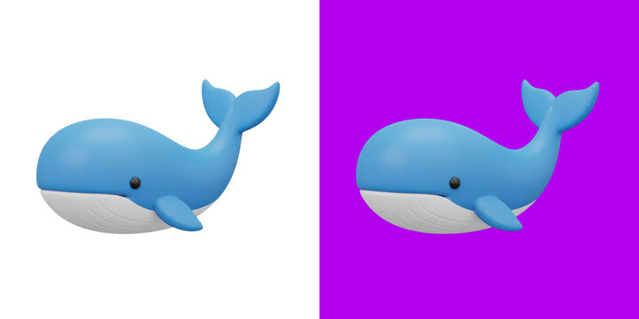 Cute blue whale character 3D render on split color design transparent background, png